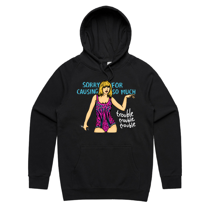 S / Black / Large Front Print Trouble, Trouble, Trouble โ Unisex Hoodie