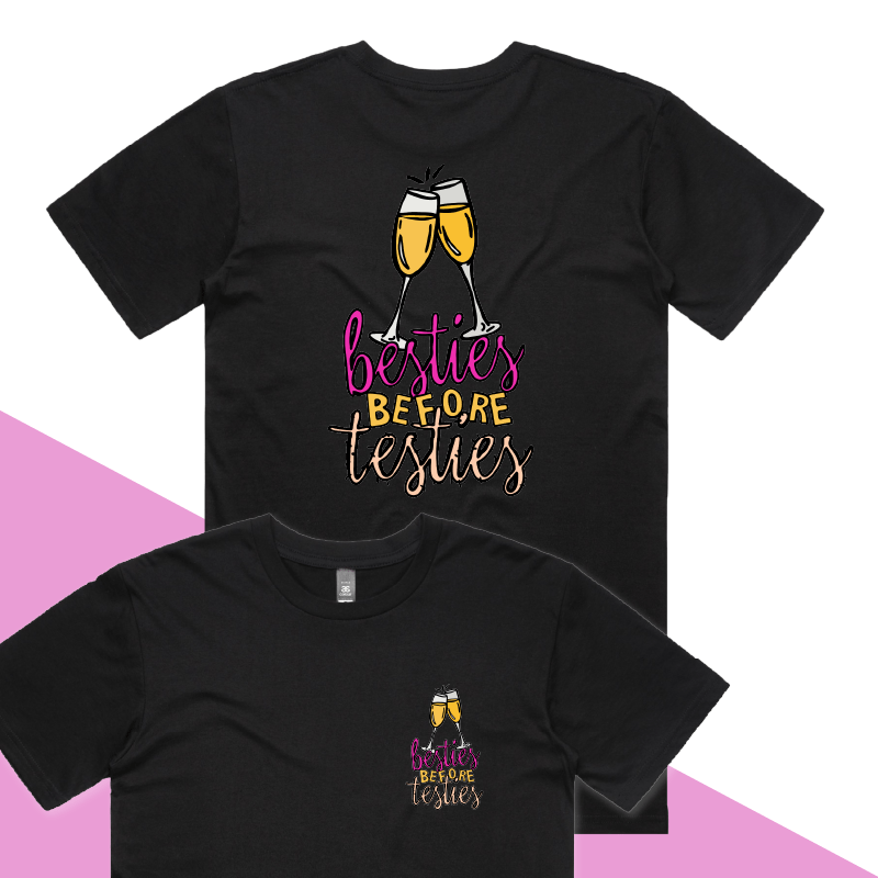 S / Black / Small Front & Large Back Design Besties Before Testies ๐ญ๐ฅฐ โ Men's T Shirt