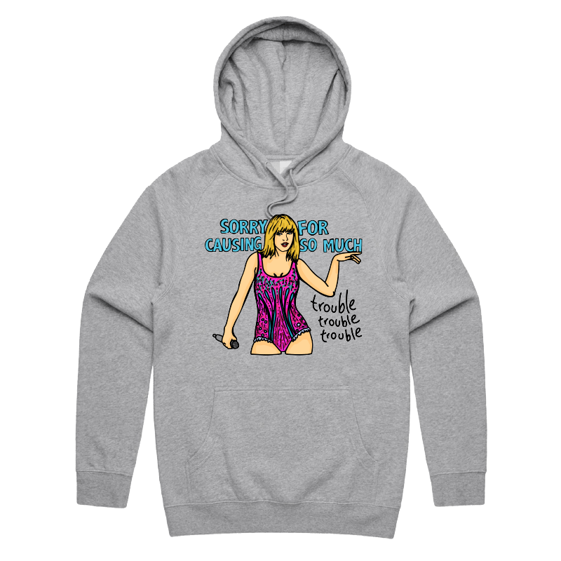 S / Grey / Large Front Print Trouble, Trouble, Trouble โ Unisex Hoodie
