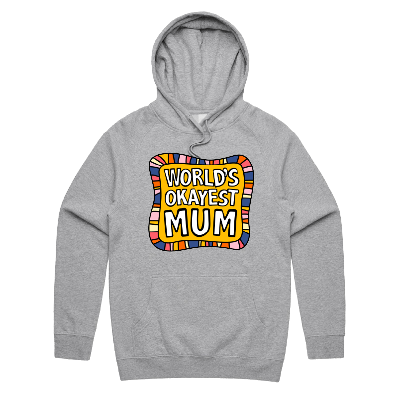 S / Grey / Large Front Print World's Okayest Mum ๐๐ โ Unisex Hoodie