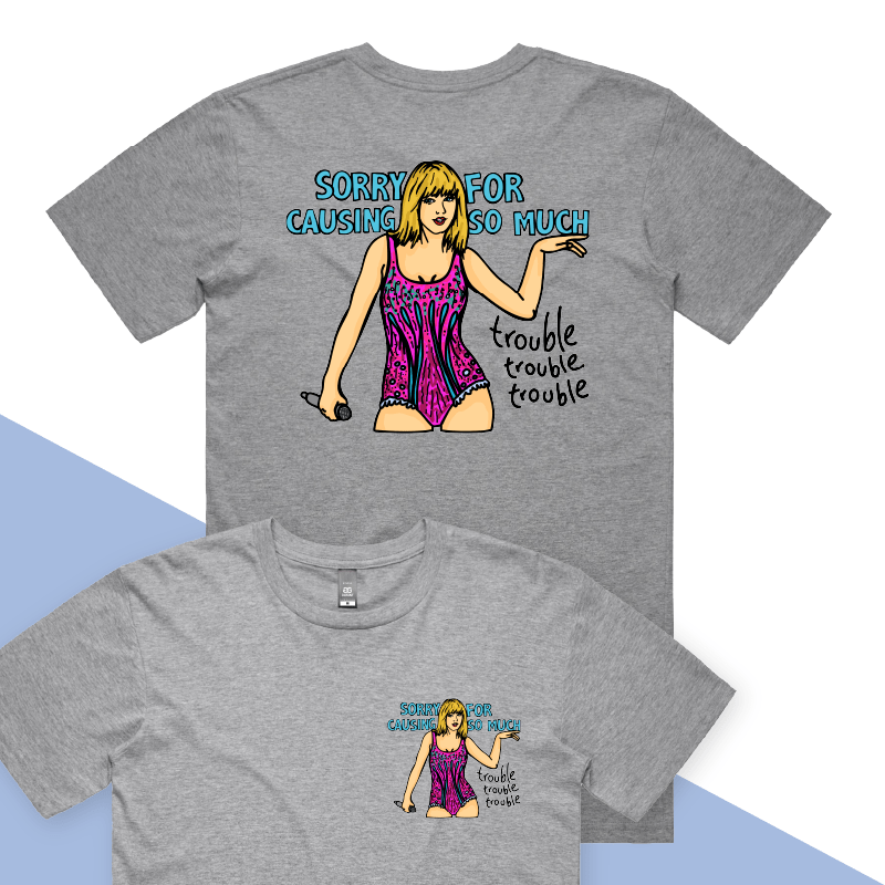 S / Grey / Small Front & Large Back Design Trouble, Trouble, Trouble โ Men's T Shirt