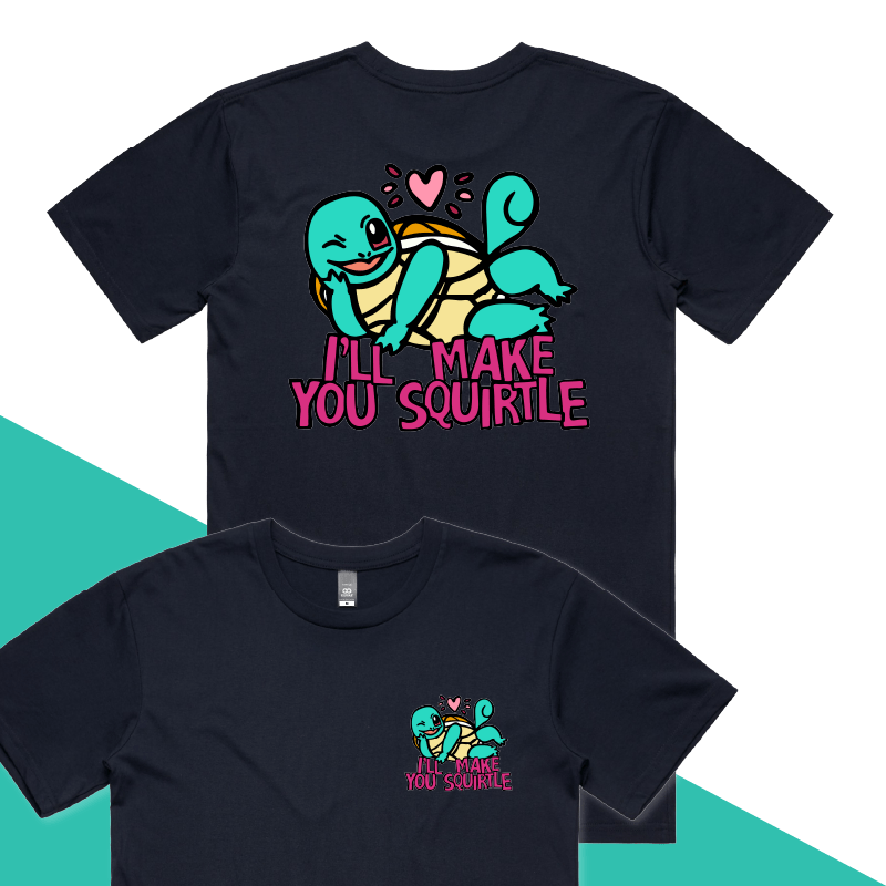 S / Navy / Small Front & Large Back Design Squirtle Love โค๏ธ๐ฆ โ Men's T Shirt