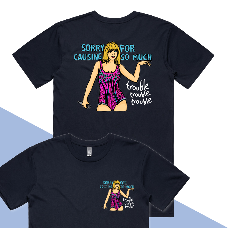S / Navy / Small Front & Large Back Design Trouble, Trouble, Trouble โ Men's T Shirt