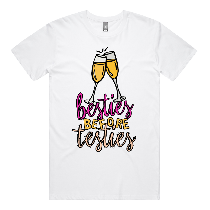 S / White / Large Front Design Besties Before Testies ๐ญ๐ฅฐ โ Men's T Shirt