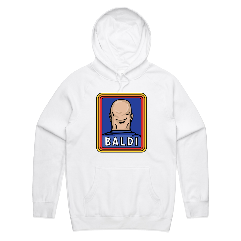 S / White / Large Front Print Baldi ๐จ๐ปโ๐ฆฒโ๏ธ โ Unisex Hoodie