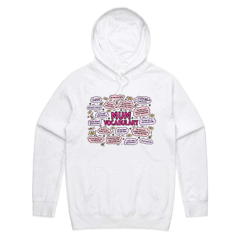 S / White / Large Front Print Mum's Vocab ๐ฉ๐ฌ โ Unisex Hoodie