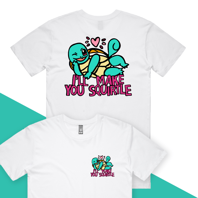S / White / Small Front & Large Back Design Squirtle Love โค๏ธ๐ฆ โ Men's T Shirt