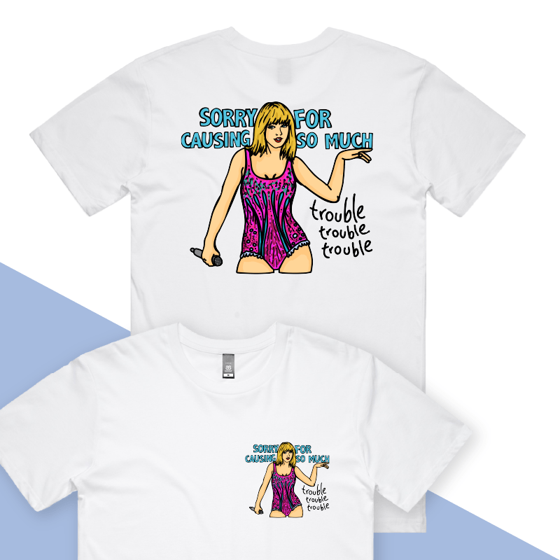 S / White / Small Front & Large Back Design Trouble, Trouble, Trouble โ Men's T Shirt