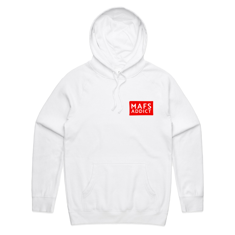 S / White / Small Front Print MAFS Addict ๐๐๏ธ โ Unisex Hoodie