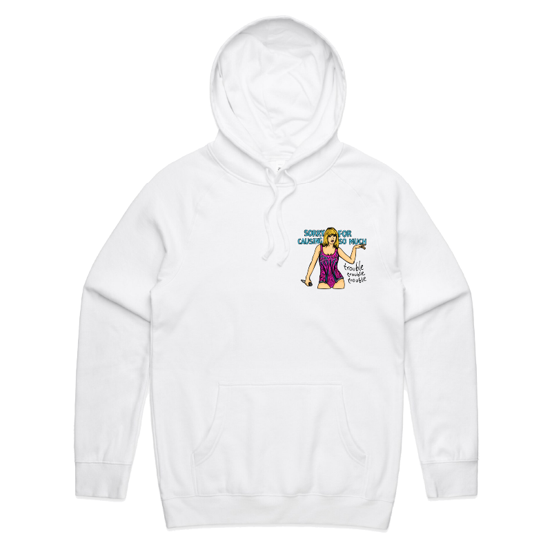 S / White / Small Front Print Trouble, Trouble, Trouble โ Unisex Hoodie