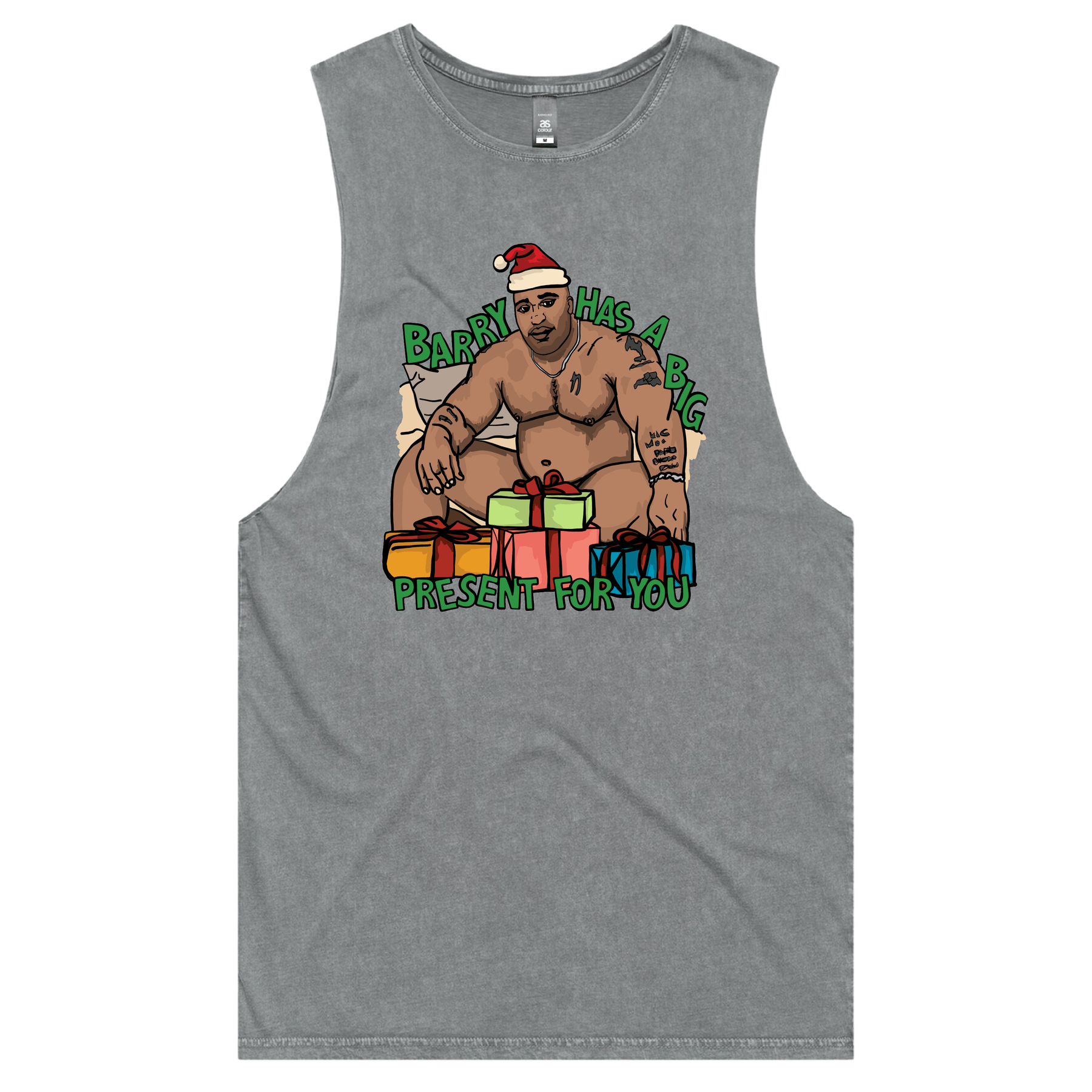 S / Ash / Large Front Design Big Barry Christmas ๐๐- Tank