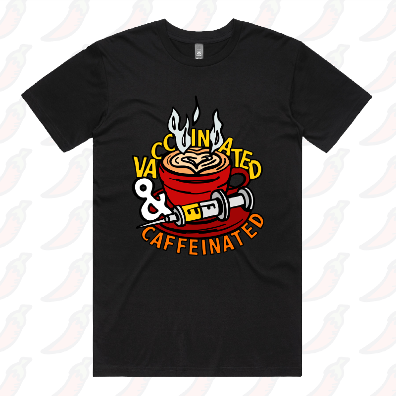 S / Black / Large Front Design Vaccinated & Caffeinated ๐โ - Men's T Shirt