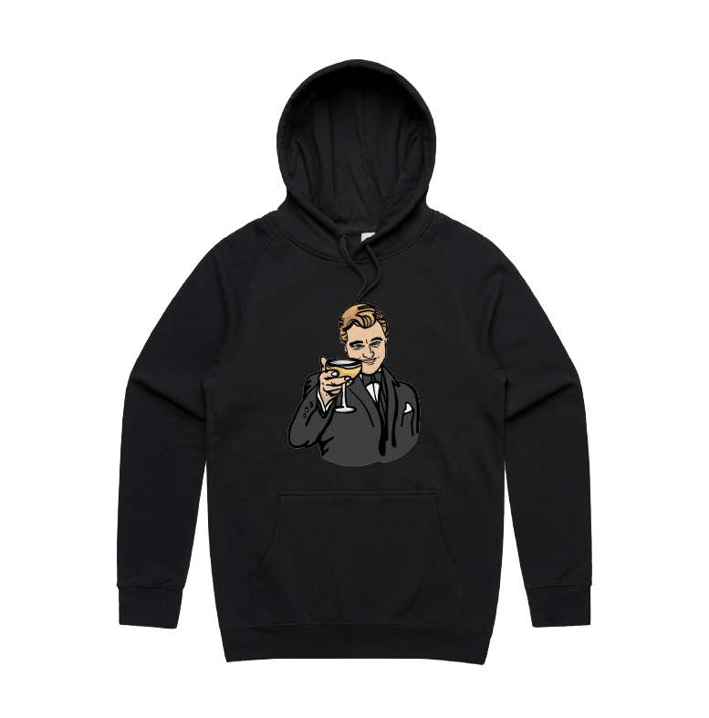 S / Black / Large Front Print DiCaprio Gatsby Cheers ๐ธ - Unisex Hoodie