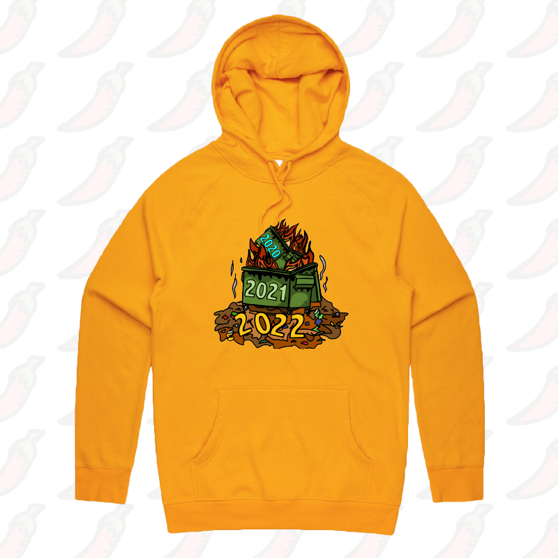 S / Gold / Large Front Print 2022 Dumpster Fire ๐ฅ ๐๏ธ โ Unisex Hoodie