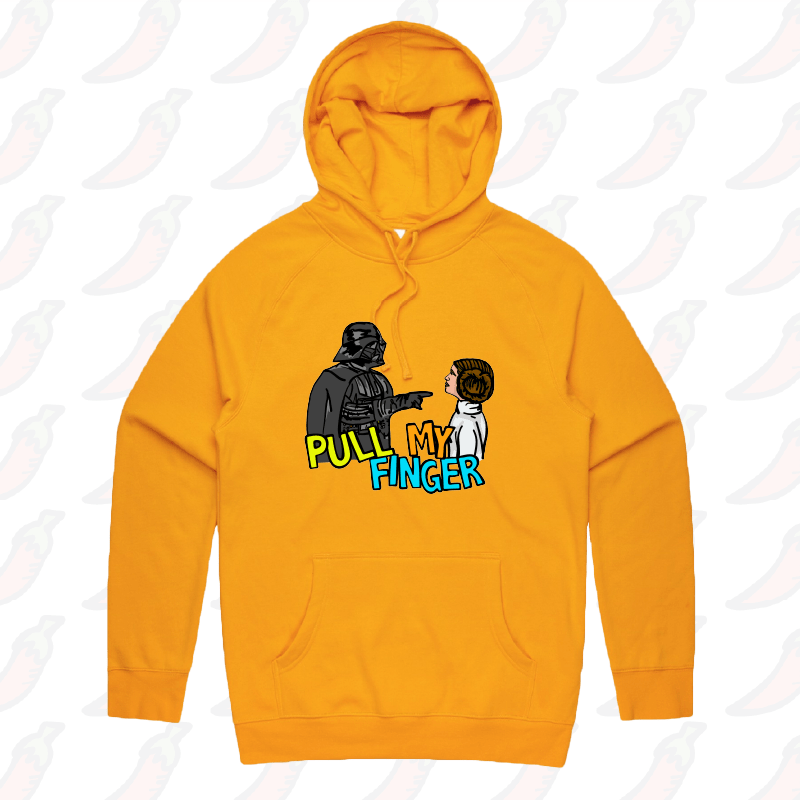 S / Gold / Large Front Print Pull My Finger ๐ โ Unisex Hoodie