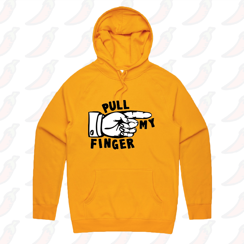 S / Gold / Large Front Print Pull My Finger ๐ โ Unisex Hoodie