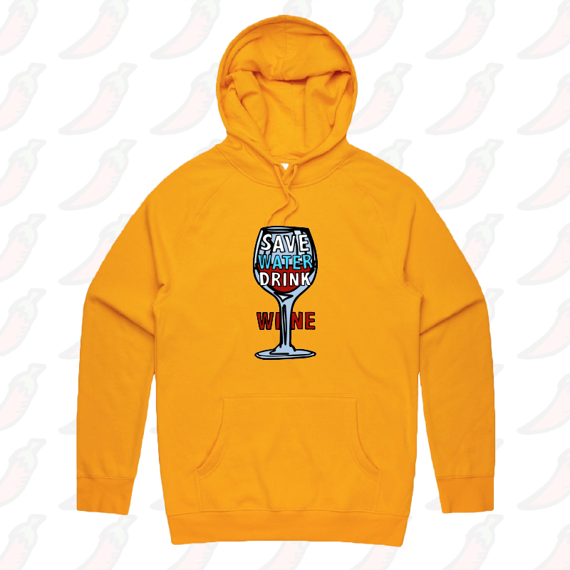 S / Gold / Large Front Print Save Water Drink Wine ๐ท- Unisex Hoodie