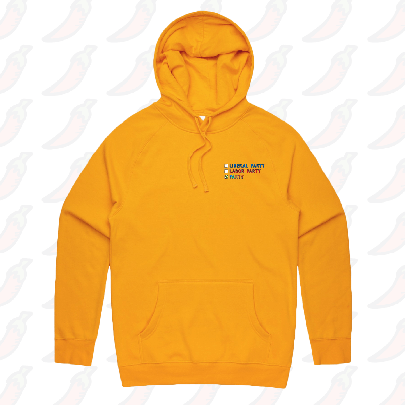S / Gold / Small Front Print Party Vote ✅ - Unisex Hoodie