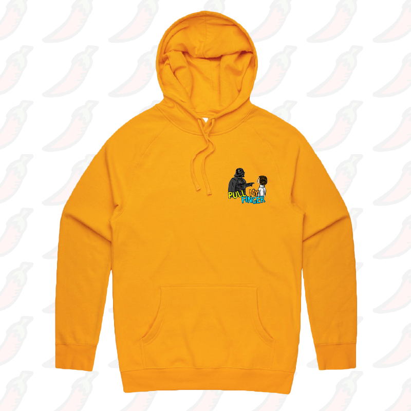 S / Gold / Small Front Print Pull My Finger ๐ โ Unisex Hoodie