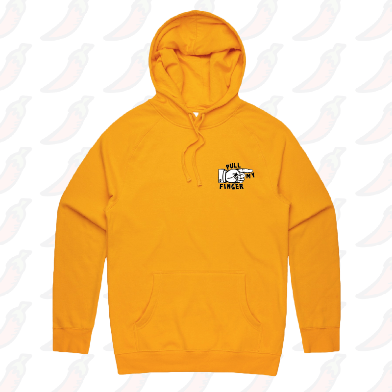 S / Gold / Small Front Print Pull My Finger ๐ โ Unisex Hoodie