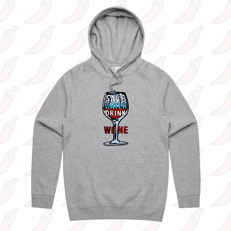 S / Grey / Large Front Print Save Water Drink Wine ๐ท- Unisex Hoodie