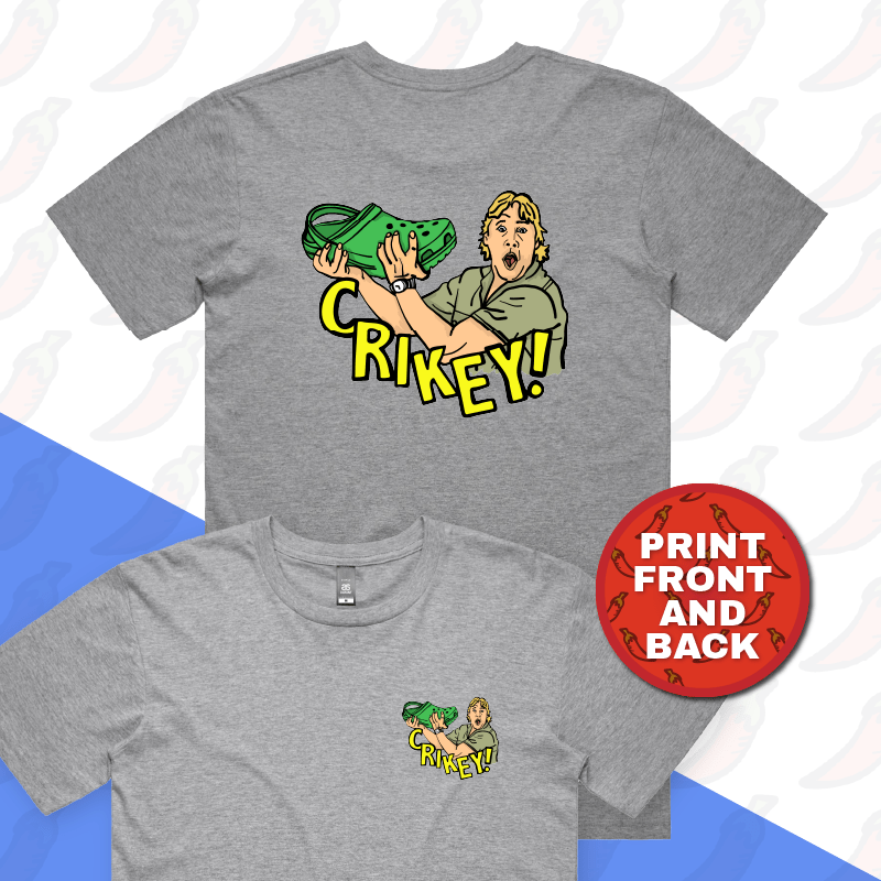 S / Grey / Small Front & Large Back Design Crikey! Croc Hunter ๐ - Men's T Shirt