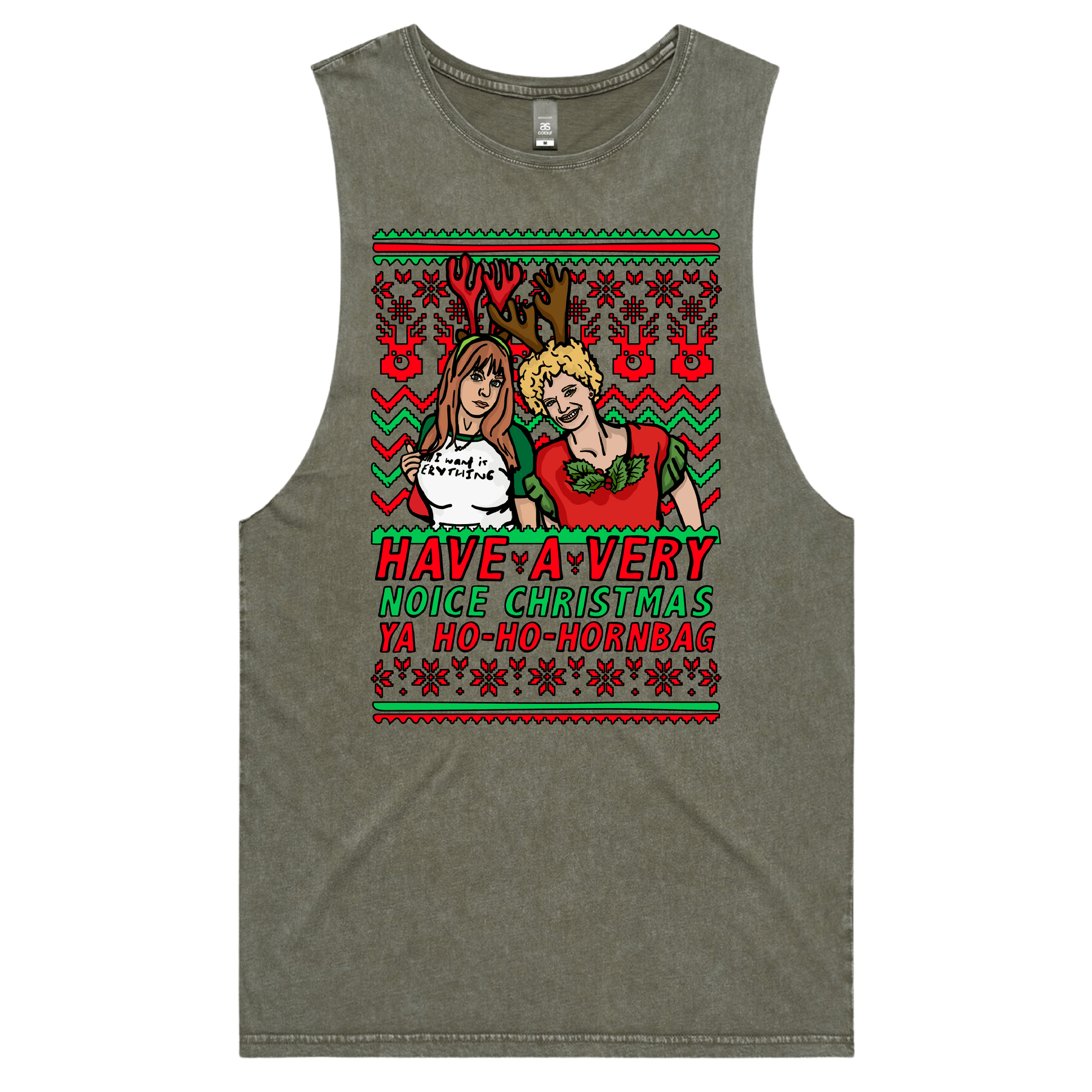 S / Moss / Large Front Design Kath & Kim Christmas Pattern ๐๐ โ Tank