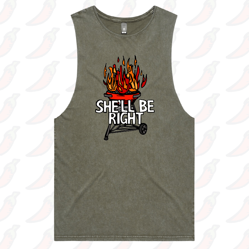 S / Moss / Large Front Design She’ll Be Right BBQ 🤷🔥 – Tank
