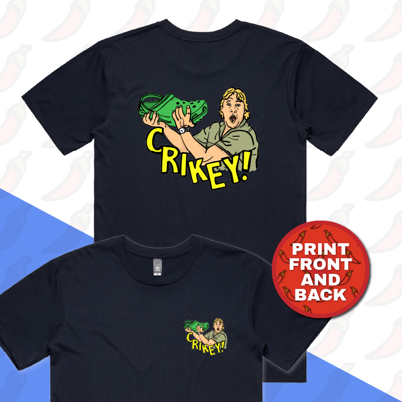 S / Navy / Small Front & Large Back Design Crikey! Croc Hunter ๐ - Men's T Shirt