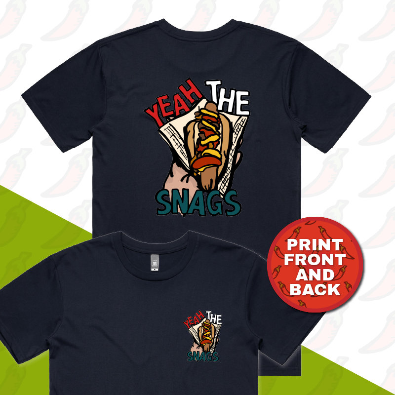 S / Navy / Small Front & Large Back Design Yeah the Snags! (YTS!) 🌭 - Men's T Shirt