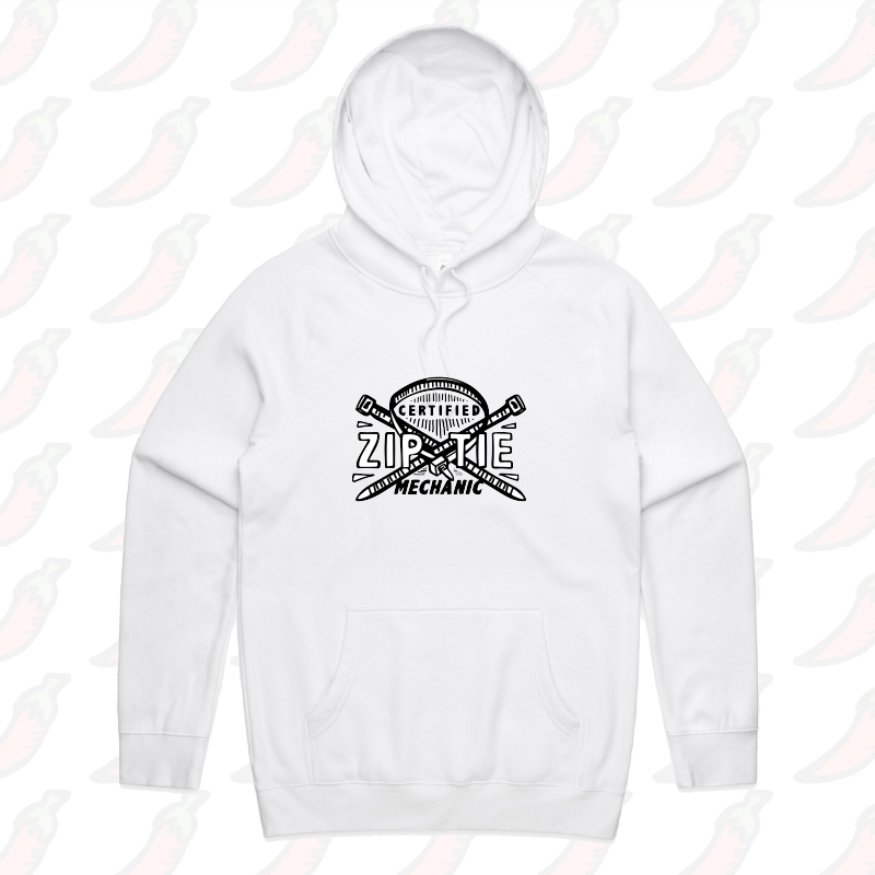 S / White / Large Front Print Certified Ziptie Mechanic 🔧 – Unisex Hoodie