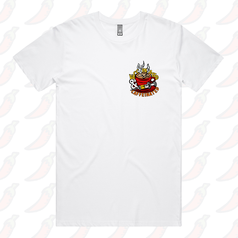 S / White / Small Front Design Vaccinated & Caffeinated ๐โ - Men's T Shirt