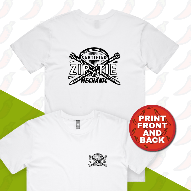 S / White / Small Front & Large Back Design Certified Ziptie Mechanic ๐ง โ Men's T Shirt