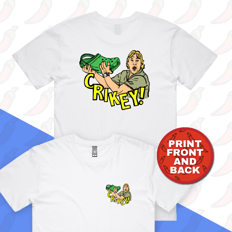 S / White / Small Front & Large Back Design Crikey! Croc Hunter ๐ - Men's T Shirt