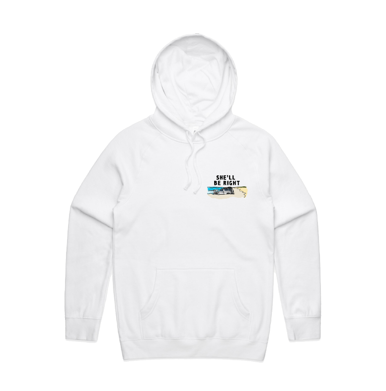 S / White / Small Front Print She'll Be Right 🤷‍♂️ - Unisex Hoodie