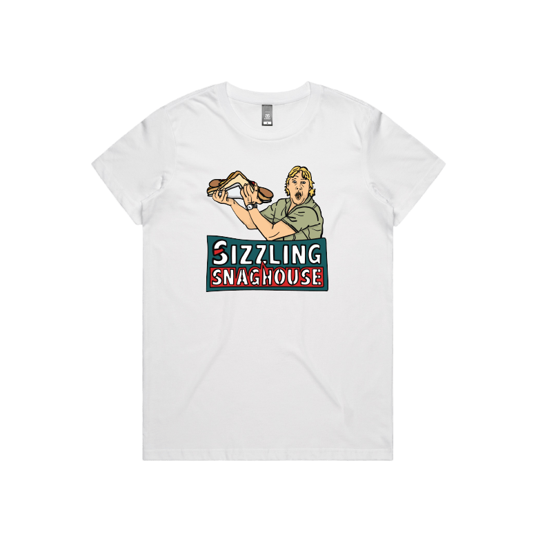 White / Large Front Design / XS Steve's Snaghouse 🌭 - Women's T Shirt