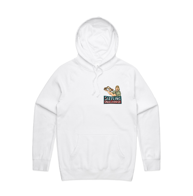 White / Small Front Print / S Steve's Snaghouse 🌭 - Unisex Hoodie