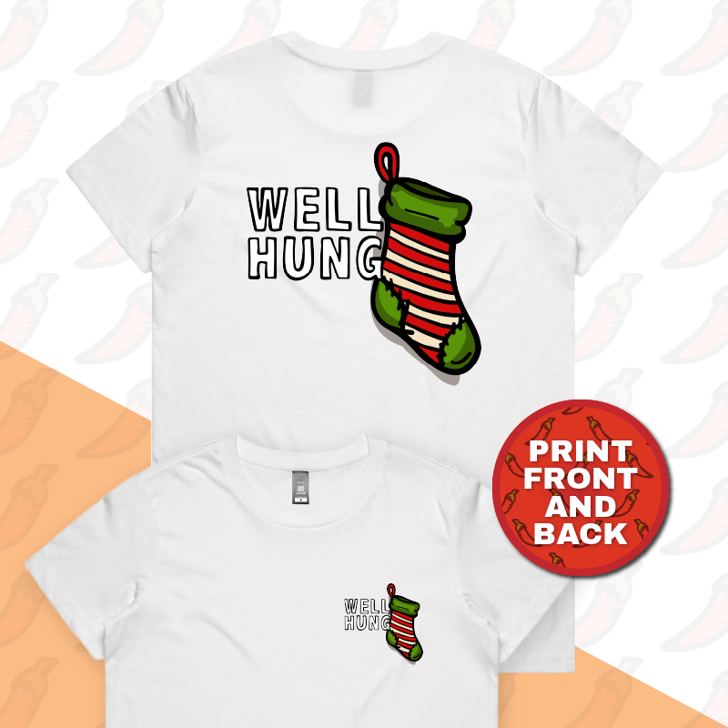 XS / White / Small Front & Large Back Design Well Hung ๐งฆ๐- Women's T Shirt