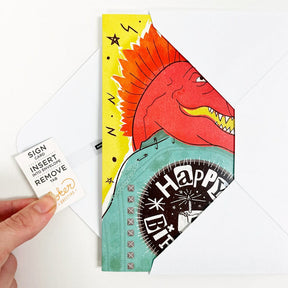 Dino Rock Birthday 🦖🤘🔊 - Joker Greeting Prank Card (Glitter + Sound)