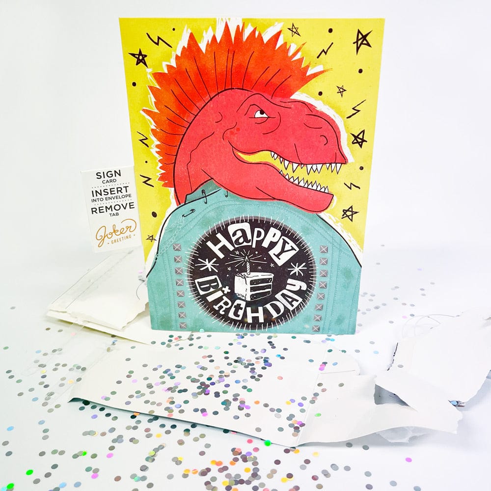 Dino Rock Birthday 🦖🤘🔊 - Joker Greeting Prank Card (Glitter + Sound)