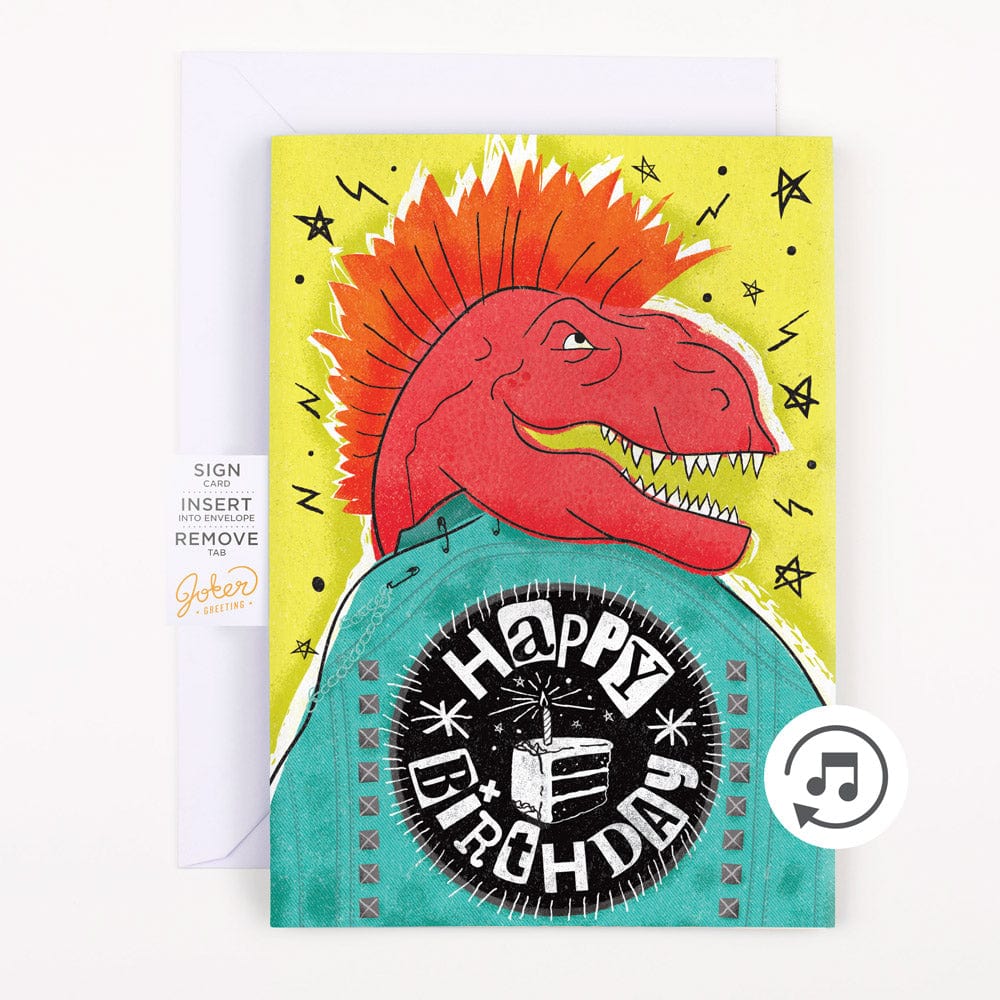 Dino Rock Birthday 🦖🤘🔊 - Joker Greeting Prank Card (Glitter + Sound)
