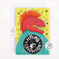 Dino Rock Birthday 🦖🤘🔊 - Joker Greeting Prank Card (Glitter + Sound)