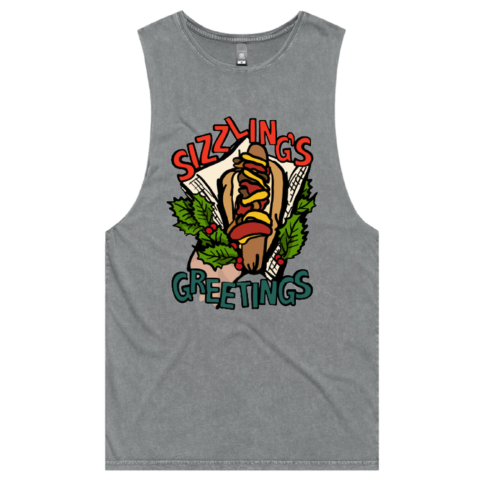 S / Ash / Large Front Design Sizzlin's Greetings 🌭🎅 - Tank
