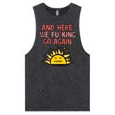 S / Black / Large Front Design Here We Go Again 🌞🥱 – Tank