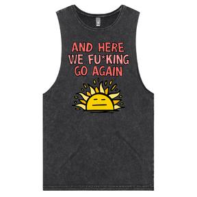 S / Black / Large Front Design Here We Go Again 🌞🥱 – Tank