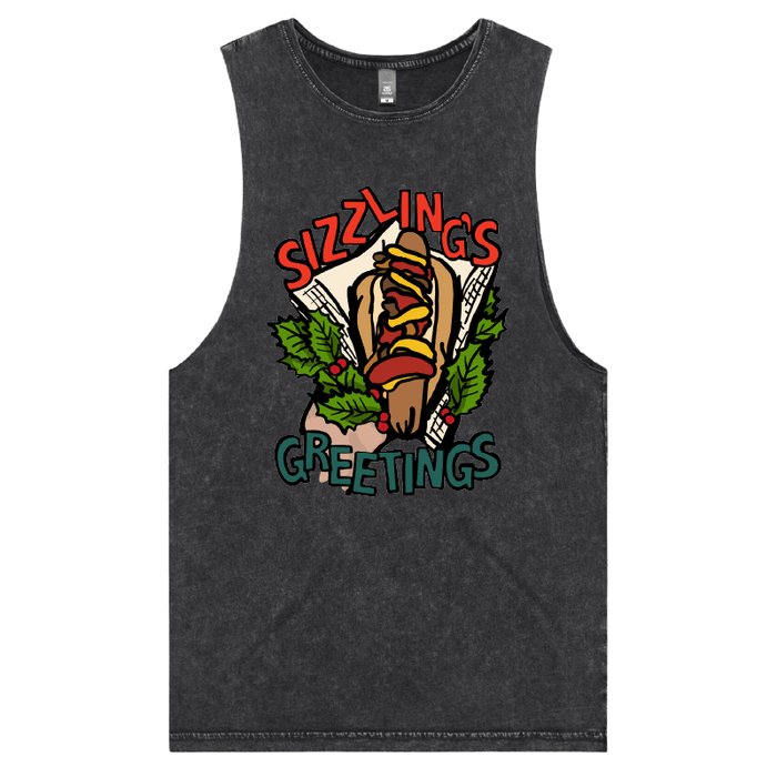 S / Black / Large Front Design Sizzlin's Greetings 🌭🎅 - Tank