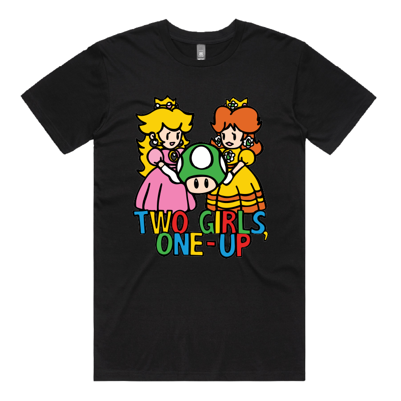 S / Black / Large Front Design Two Girls One-Up 🍄📤 – Men's T Shirt