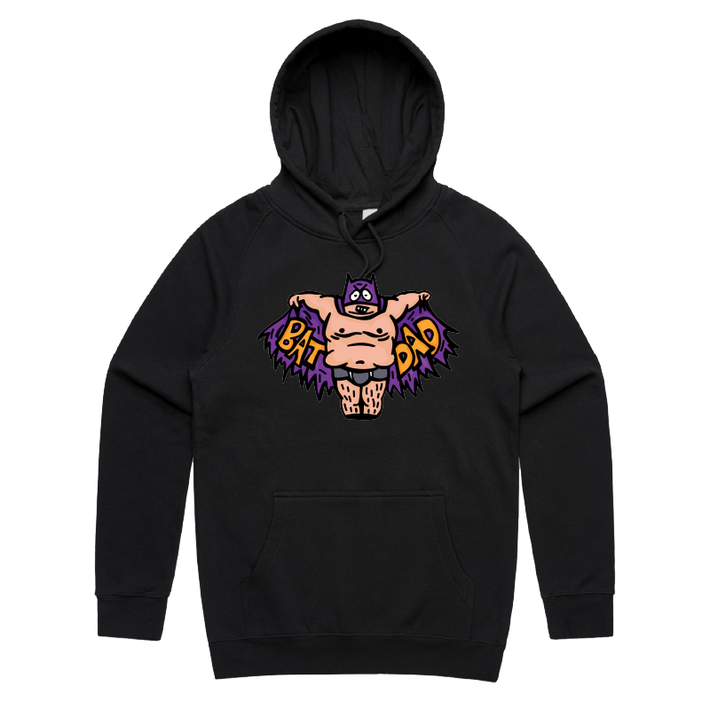 S / Black / Large Front Print Bat Dad 🦹🏻‍♂️⚾️ - Unisex Hoodie