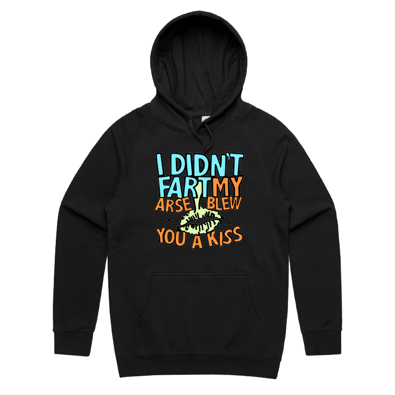 S / Black / Large Front Print Kiss From Down Under 😘💨 – Unisex Hoodie