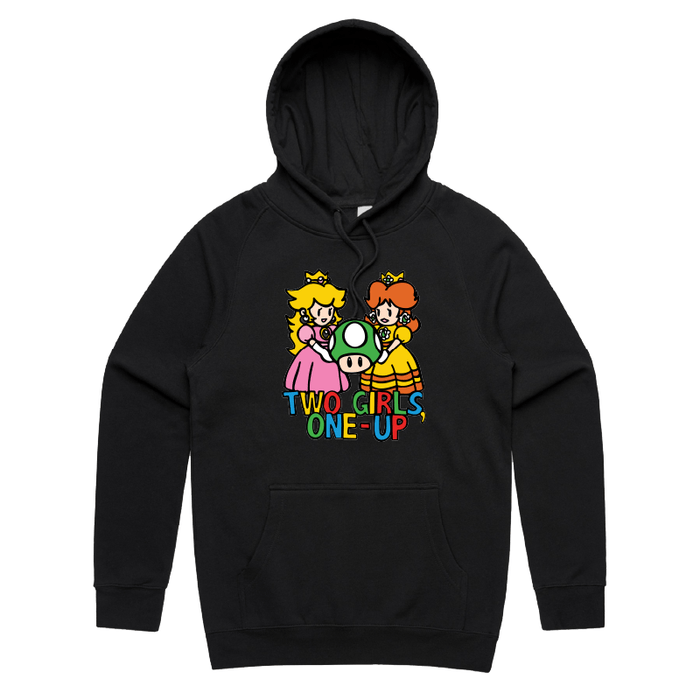 S / Black / Large Front Print Two Girls One-Up 🍄📤 – Unisex Hoodie